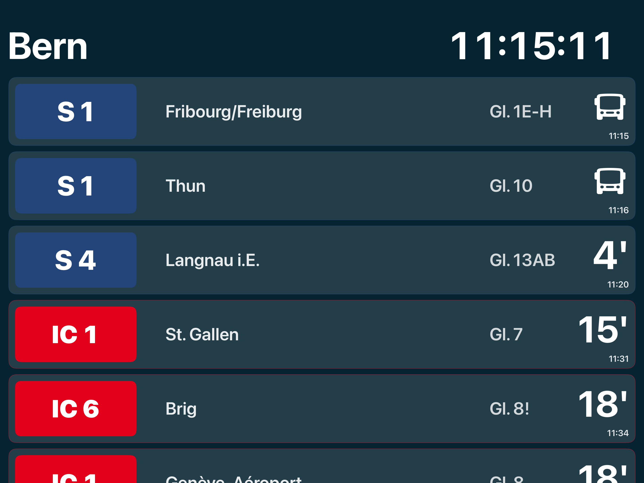 iPad-Ansicht des Fahrplans mit mehreren Abfahrten