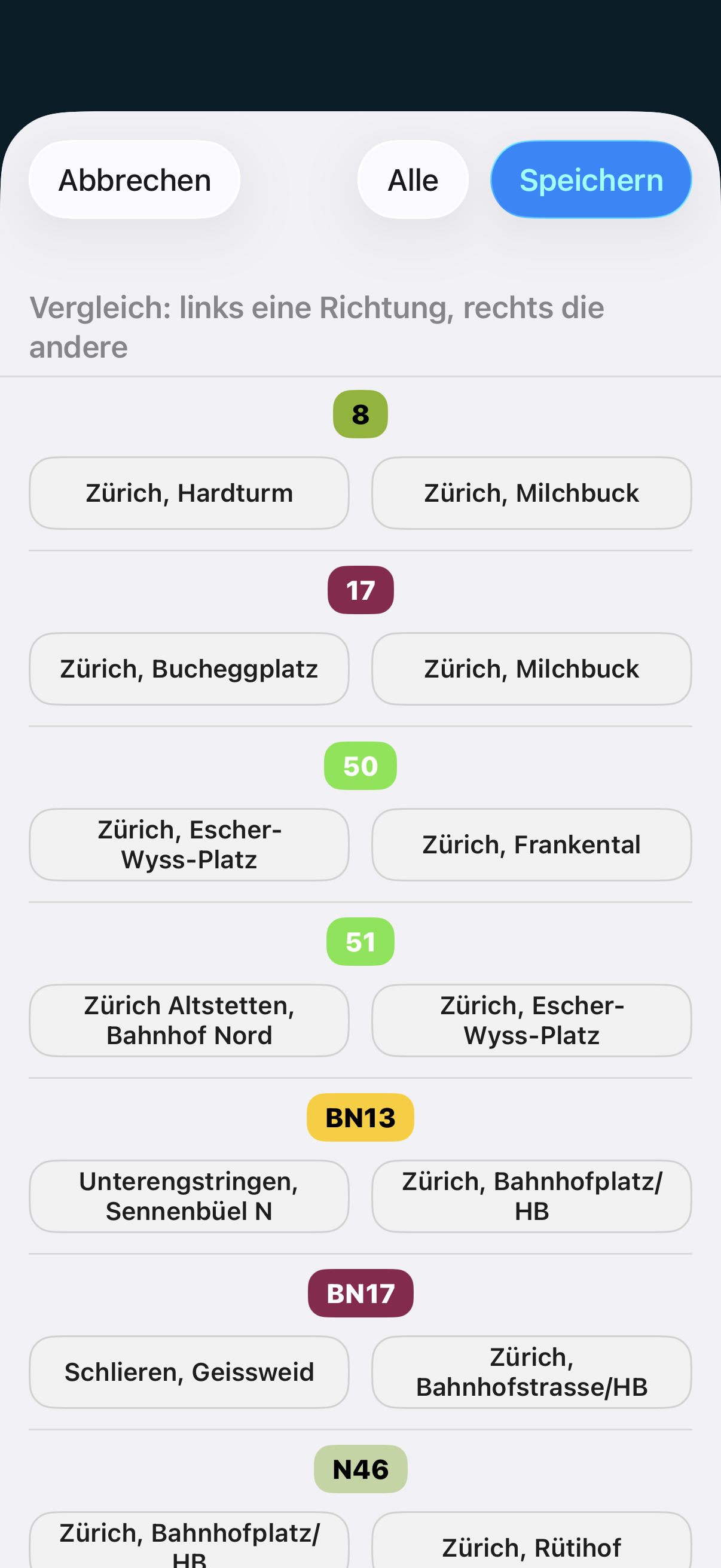Vergleichsansicht mit zwei Richtungen pro Linie auf dem iPhone