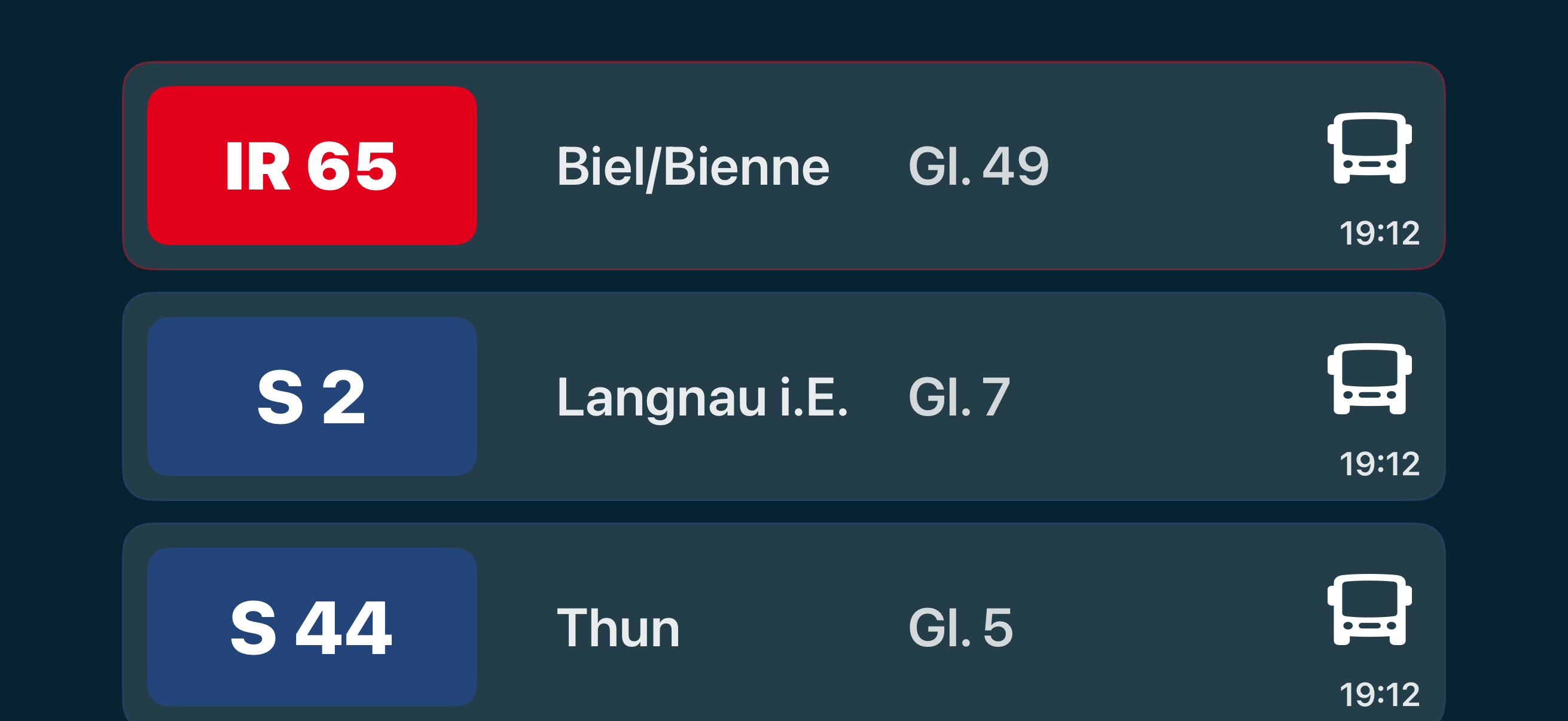 Breite Liste mit Live-Abfahrten und großen Linienfeldern