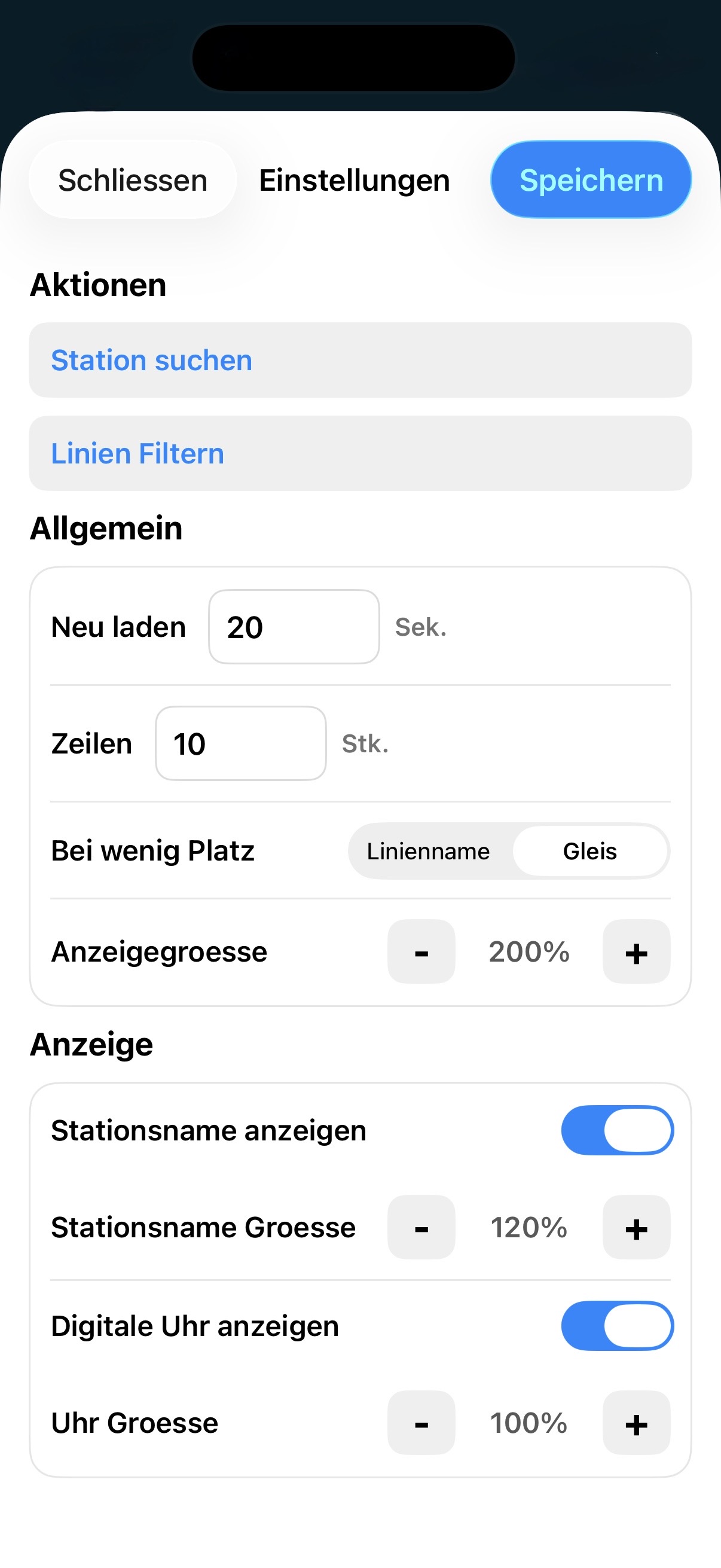 Einstellungsseite mit Anzeigeoptionen und Schaltern auf dem iPhone
