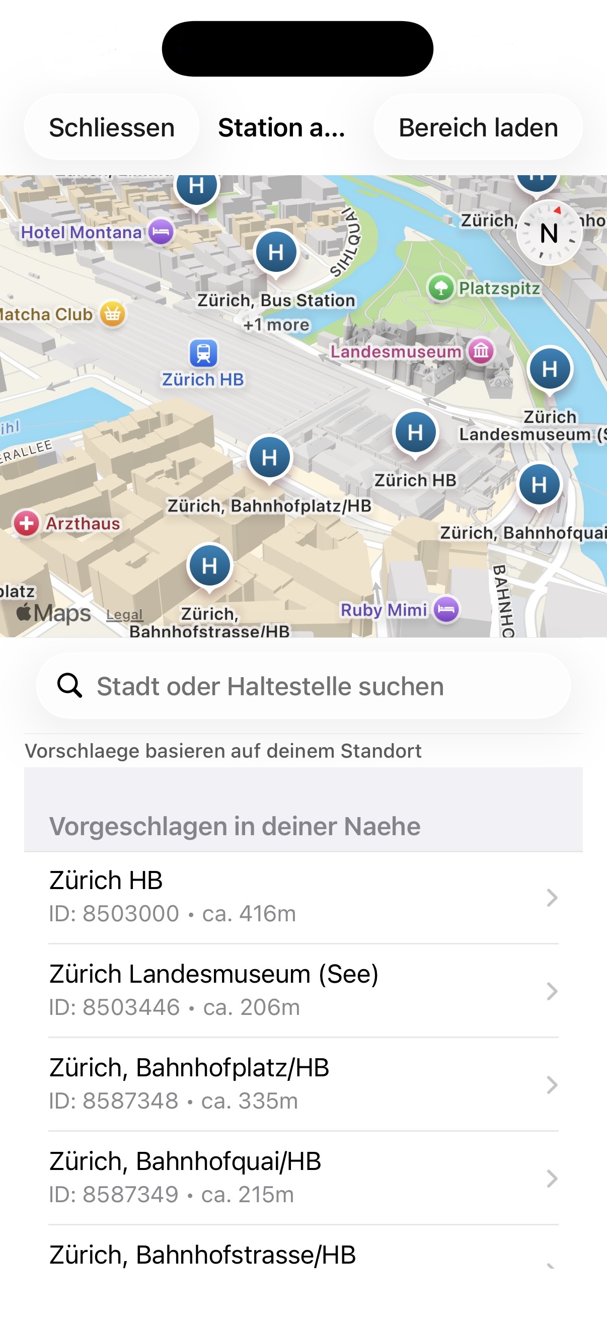 Stationssuche mit Karte und Vorschlägen in der Nähe auf dem iPhone