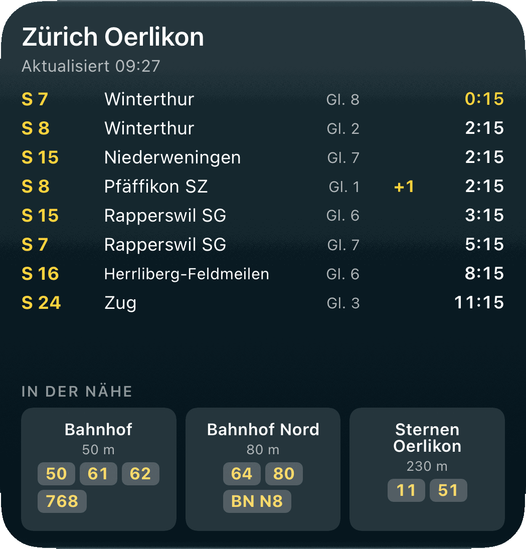 Grosses Widget «Nähe + Stationen» im Nähe-Modus: nächste Station mit Abfahrten und drei Knöpfen für die Nachbarstationen samt ihren Linien