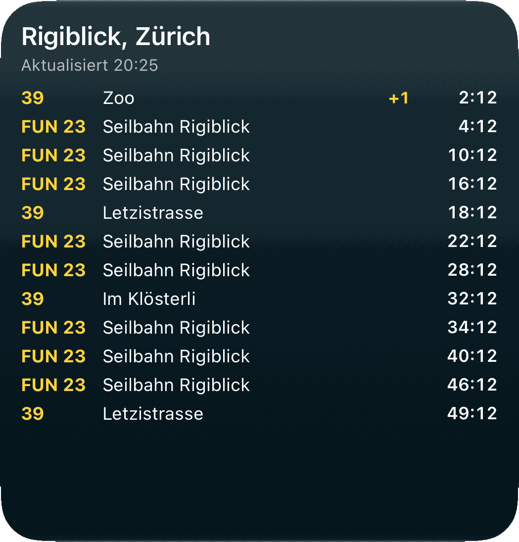 Grosses Widget «Nähe + Stationen» mit fester Station: Zürich Rigiblick mit Abfahrten der Seilbahn Rigiblick und des Busses 39