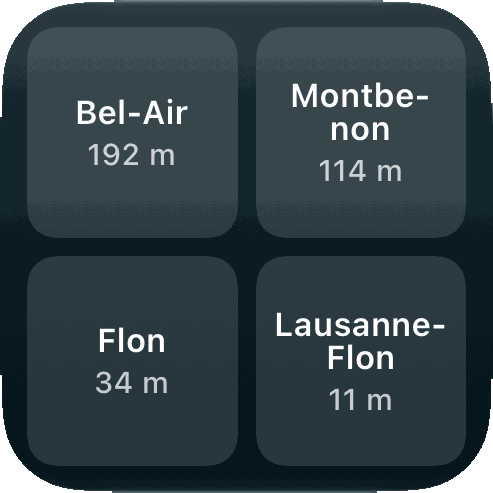 Kleines Widget «Stationen-Knöpfe»: die vier nächsten Stationen rund um Lausanne Flon mit Distanz