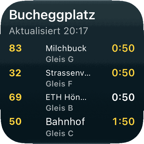 Kleines Widget «Nahe Haltestelle»: Zürich Bucheggplatz mit vier Busabfahrten und Countdown